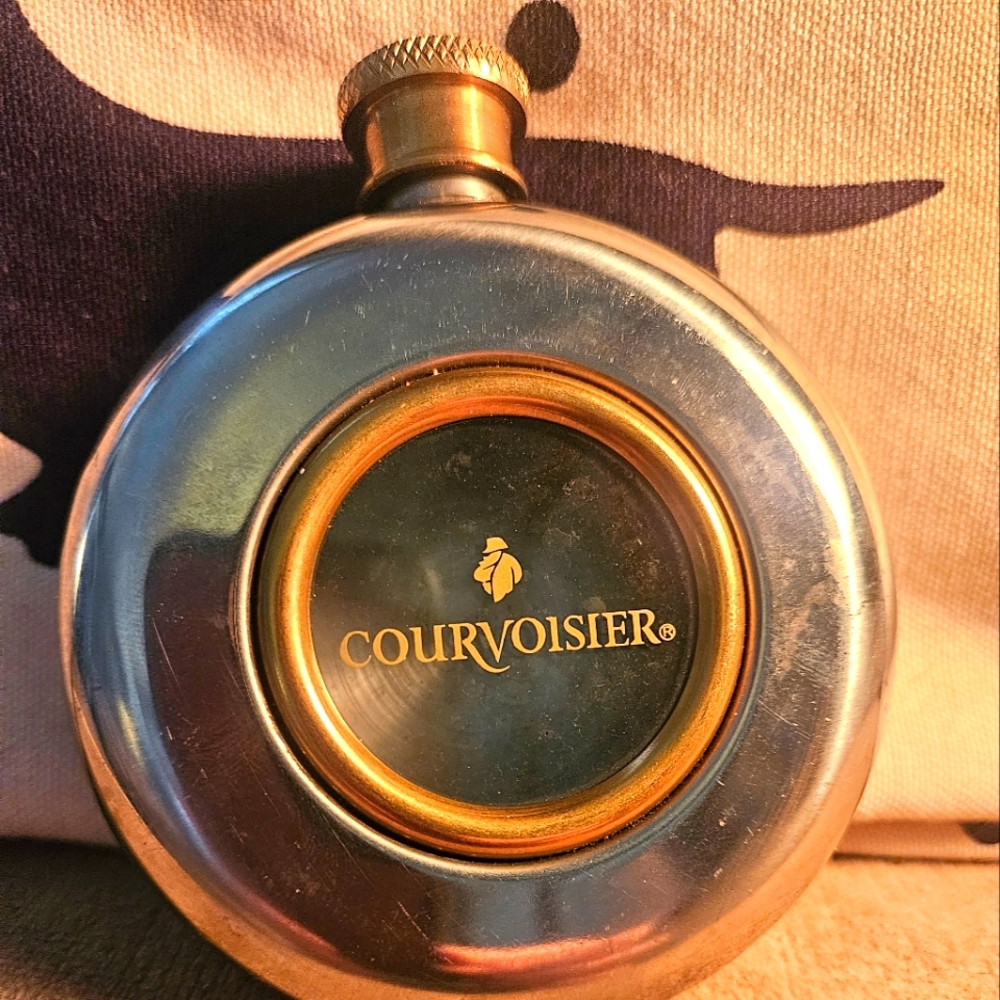 VINTAGE COURVOISIER STAINLESS STEEL & BRASS 5OZ. FLASK.